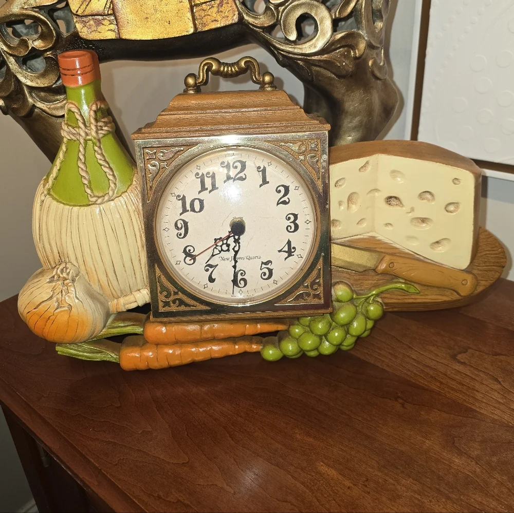 Vintage Style 1970s Burwood Clock with Vegetables and Cheese Decor